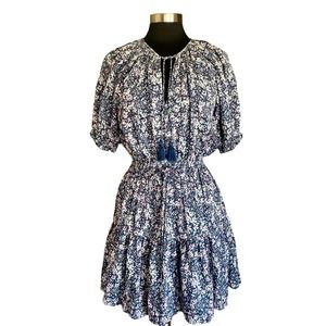 Lucky Brand Blue Floral Puff Sleeve Dress Size Small Self Tie Tassels Boho Style
